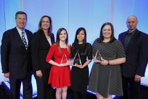 Appalachian student winners Emma Morris, Hazel Chang and Elizabeth Hundley at the SOURCE awards ceremony with Eaton representatives Lance Bennett, Rebecca Hadley-Catter and Brad Paine. Photo submitted by Karin Martin